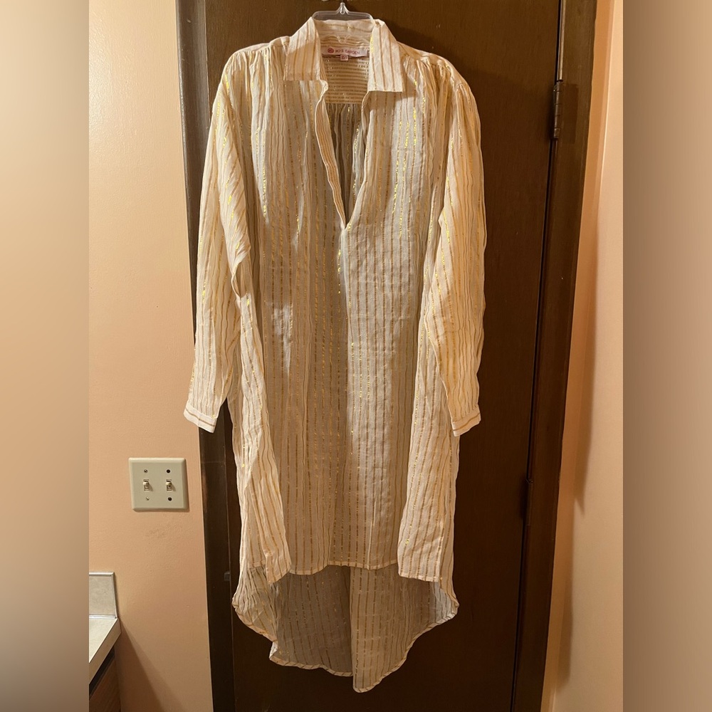 Ro’s Garden metallic striped shirtdress in white & gold